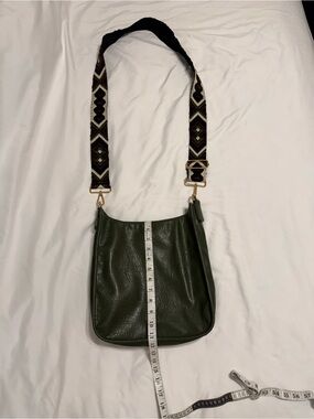 Olive Green Leather Crossbody Bag with Patterned Strap
